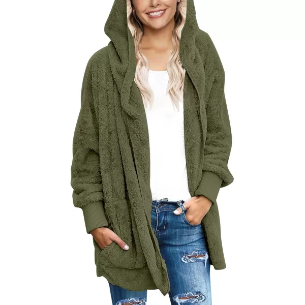 luvamia Women Fuzzy Fleece Open Front Pockets Hooded Cardigan Jacket Coat OutwearC Winter Moss