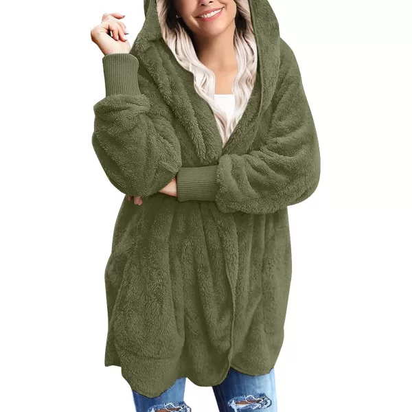 luvamia Women Fuzzy Fleece Open Front Pockets Hooded Cardigan Jacket Coat OutwearC Winter Moss