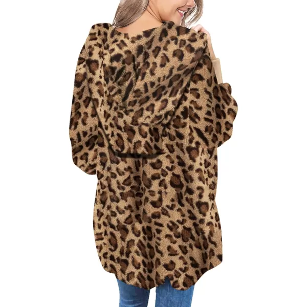 luvamia Women Fuzzy Fleece Open Front Pockets Hooded Cardigan Jacket Coat OutwearD Leopard Print