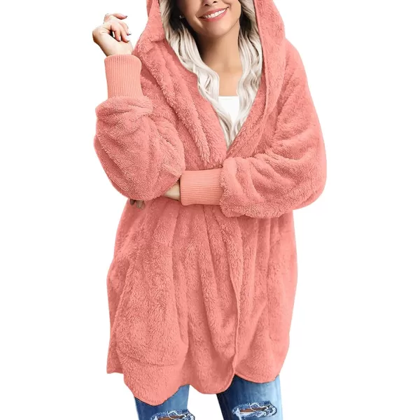 luvamia Women Fuzzy Fleece Open Front Pockets Hooded Cardigan Jacket Coat OutwearD Pale Rosette