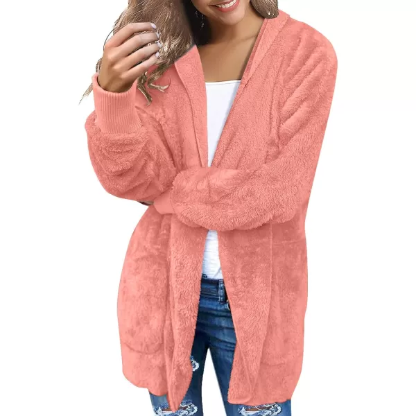 luvamia Women Fuzzy Fleece Open Front Pockets Hooded Cardigan Jacket Coat OutwearD Pale Rosette