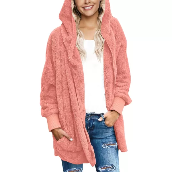 luvamia Women Fuzzy Fleece Open Front Pockets Hooded Cardigan Jacket Coat OutwearD Pale Rosette