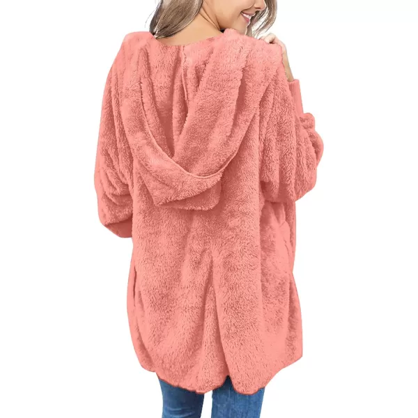 luvamia Women Fuzzy Fleece Open Front Pockets Hooded Cardigan Jacket Coat OutwearD Pale Rosette