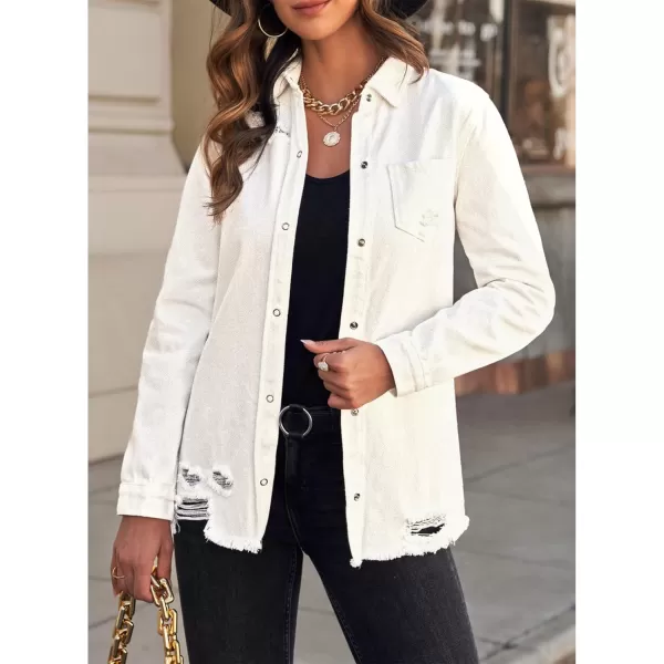 luvamia Womens Denim Jacket Distressed Button Down Jean Shirt For Women Ripped Shacket CoatAbrilliant White