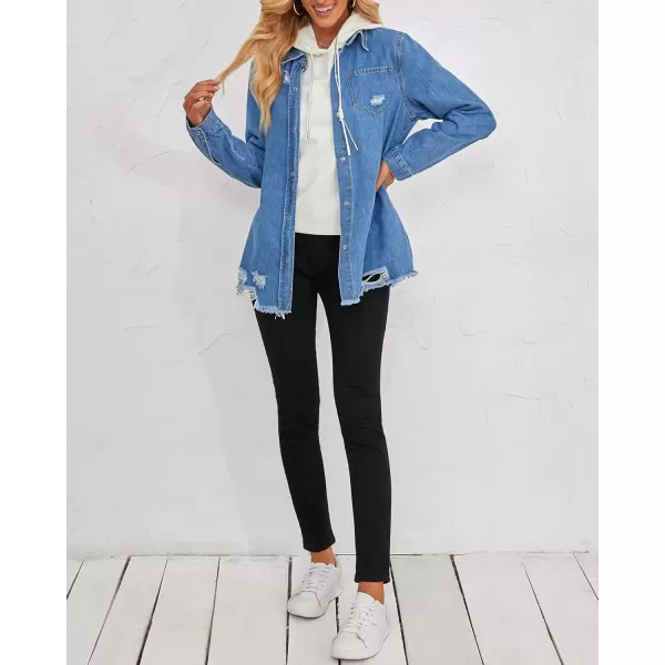 luvamia Womens Denim Jacket Distressed Button Down Jean Shirt For Women Ripped Shacket CoatBclassic Blue