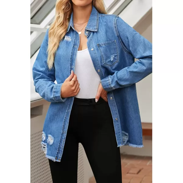 luvamia Womens Denim Jacket Distressed Button Down Jean Shirt For Women Ripped Shacket CoatBclassic Blue