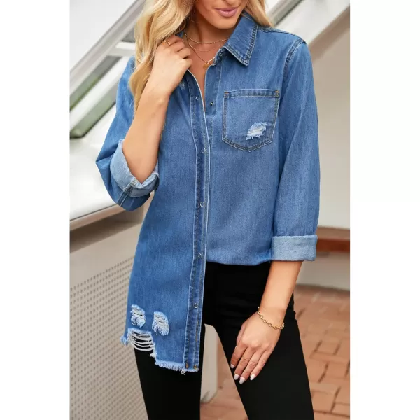 luvamia Womens Denim Jacket Distressed Button Down Jean Shirt For Women Ripped Shacket CoatBclassic Blue