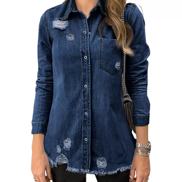 luvamia Womens Denim Jacket Distressed Button Down Jean Shirt For Women Ripped Shacket CoatCnightfall Blue