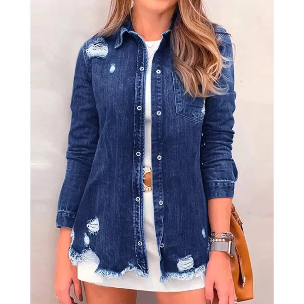 luvamia Womens Denim Jacket Distressed Button Down Jean Shirt For Women Ripped Shacket CoatCnightfall Blue