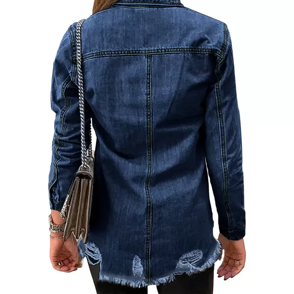 luvamia Womens Denim Jacket Distressed Button Down Jean Shirt For Women Ripped Shacket CoatCnightfall Blue