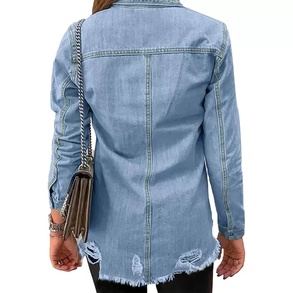 luvamia Womens Denim Jacket Distressed Button Down Jean Shirt For Women Ripped Shacket CoatEcool Blue