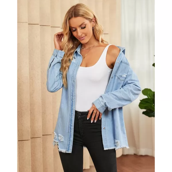 luvamia Womens Denim Jacket Distressed Button Down Jean Shirt For Women Ripped Shacket CoatEcool Blue