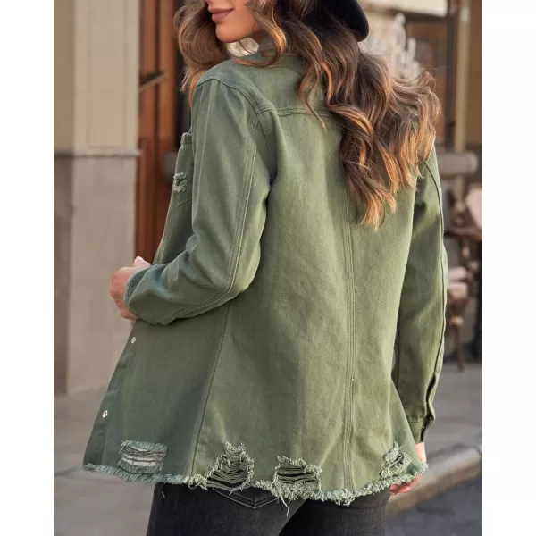 luvamia Womens Denim Jacket Distressed Button Down Jean Shirt For Women Ripped Shacket CoatElm Green