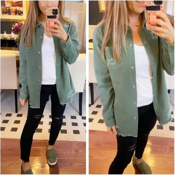 luvamia Womens Denim Jacket Distressed Button Down Jean Shirt For Women Ripped Shacket CoatElm Green