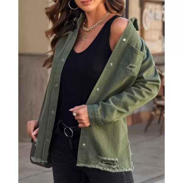 luvamia Womens Denim Jacket Distressed Button Down Jean Shirt For Women Ripped Shacket CoatElm Green