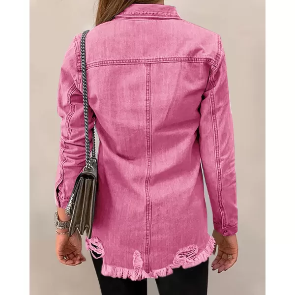 luvamia Womens Denim Jacket Distressed Button Down Jean Shirt For Women Ripped Shacket CoatHot Pink