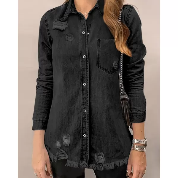 luvamia Womens Denim Jacket Distressed Button Down Jean Shirt For Women Ripped Shacket CoatVintage Black