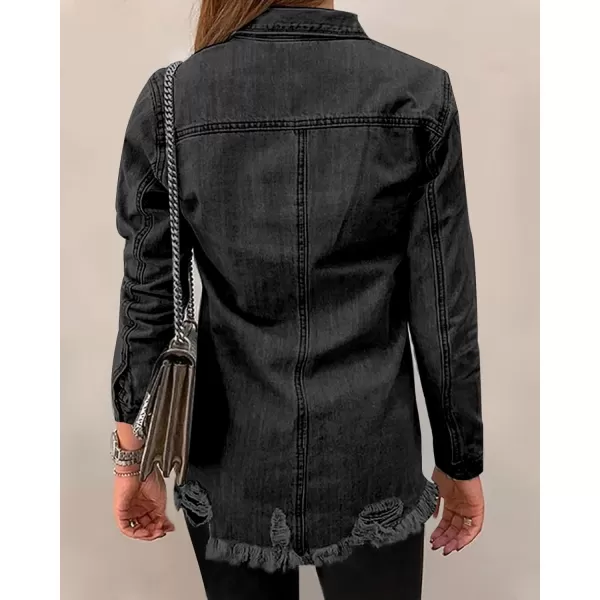 luvamia Womens Denim Jacket Distressed Button Down Jean Shirt For Women Ripped Shacket CoatVintage Black