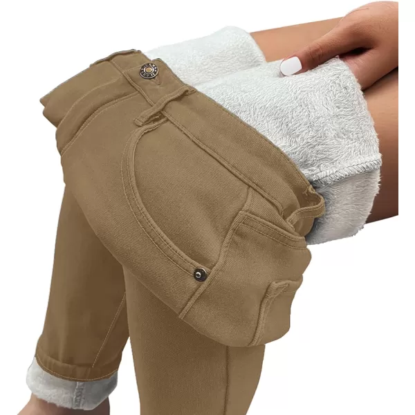 imageluvamia Womens Fleece Lined Jeans Winter Thermal Denim Jeggings Skinny High Waisted Stretch Warm LeggingsA Khaki