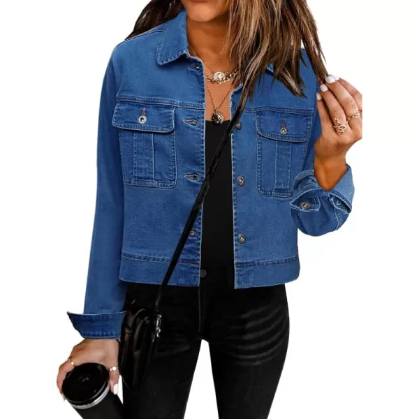 luvamia 2023 Jean Jackets for Women Fashion Cropped Denim Trucker Jacket Stretchy Utility Shacket Jacket with PocketsClassic Blue