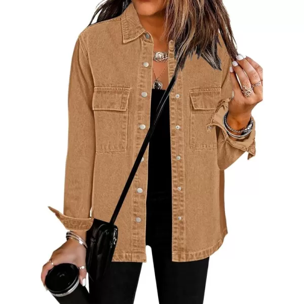 luvamia 2024 Jean Jackets for Women Fashion Oversized Button Down Denim Jacket Western Fall Shacket Jacket with PocketsBrown