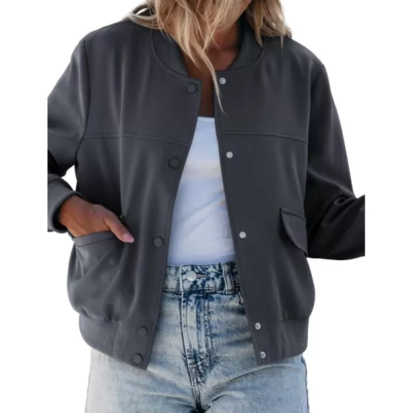 luvamia Bomber Jackets for Women Fall Casual Button Down Long Sleeves Trendy Varsity Jacket Outerwear Coat with PocketsCharcoal