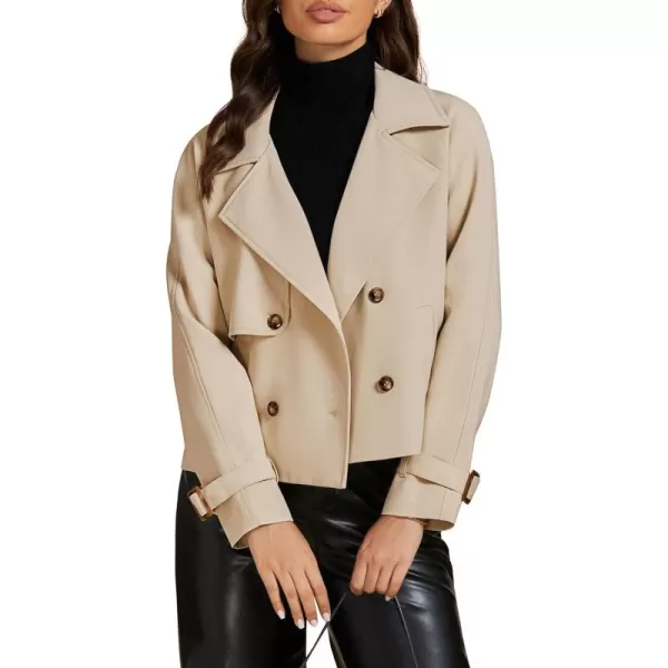 luvamia Cropped Trench Coat for Women Long Sleeve Double Breasted Notched Lapel Casual Loose Fit Jackets with PocketsBeige