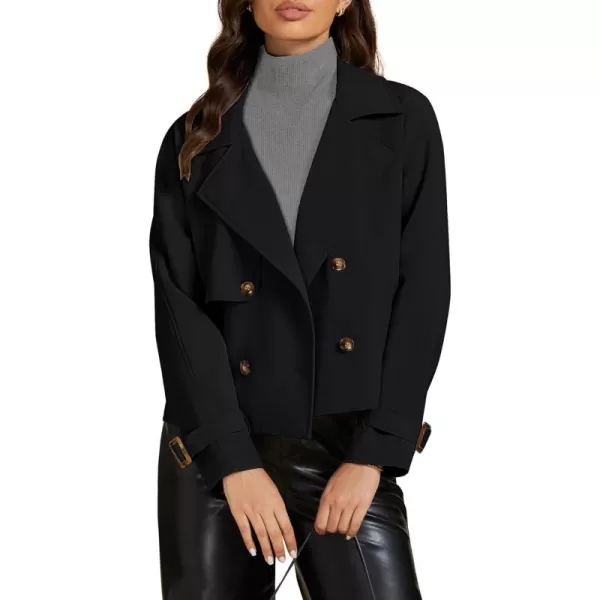 luvamia Cropped Trench Coat for Women Long Sleeve Double Breasted Notched Lapel Casual Loose Fit Jackets with PocketsBlack