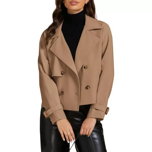 luvamia Cropped Trench Coat for Women Long Sleeve Double Breasted Notched Lapel Casual Loose Fit Jackets with PocketsCamel