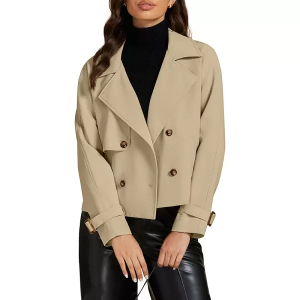 luvamia Cropped Trench Coat for Women Long Sleeve Double Breasted Notched Lapel Casual Loose Fit Jackets with PocketsKhaki