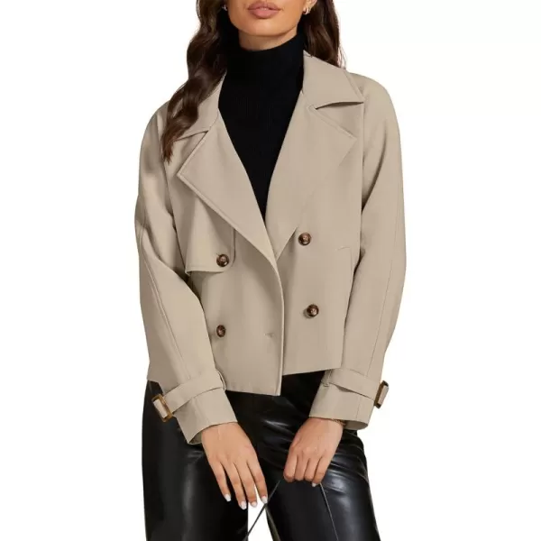 luvamia Cropped Trench Coat for Women Long Sleeve Double Breasted Notched Lapel Casual Loose Fit Jackets with PocketsLight Taupe