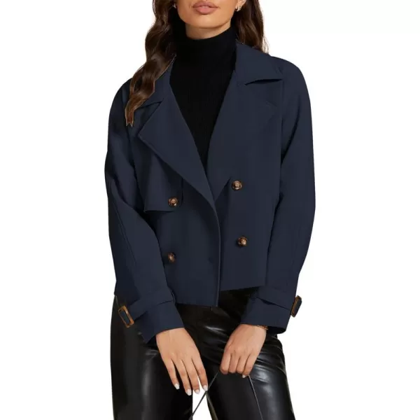 luvamia Cropped Trench Coat for Women Long Sleeve Double Breasted Notched Lapel Casual Loose Fit Jackets with PocketsNavy Blue