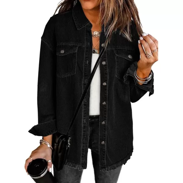 luvamia Denim Jacket for Women Oversized Button Down Casual Jean Shacket Jackets Long Sleeve Frayed Hem Western TrendyTrue Black