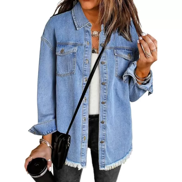 luvamia Denim Jacket for Women Oversized Button Down Casual Jean Shacket Jackets Long Sleeve Frayed Hem Western TrendyWave Blue