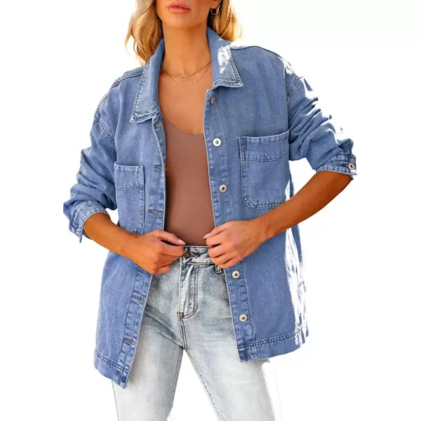 luvamia Denim Jacket for Women Trendy Oversized Button Down Jean Jacket Long Sleeve Slit Hem Shacket Jackets with PocketLapis Blue