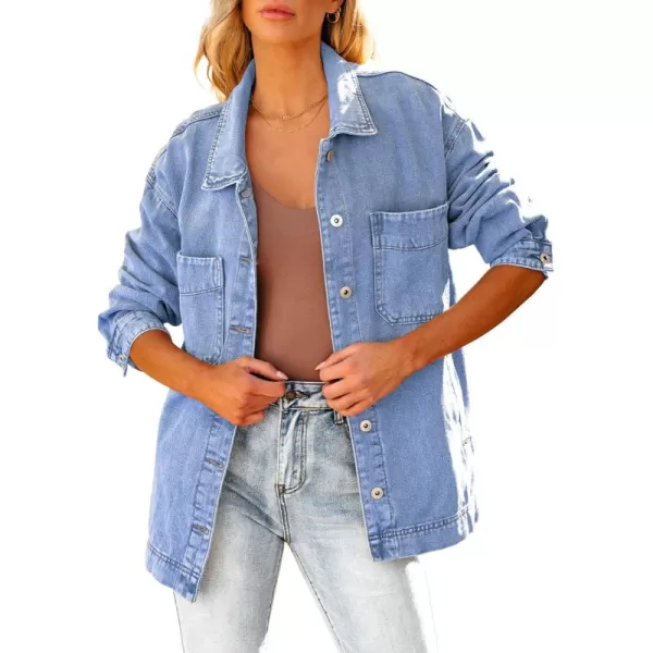 luvamia Denim Jacket for Women Trendy Oversized Button Down Jean Jacket Long Sleeve Slit Hem Shacket Jackets with PocketMedium Blue