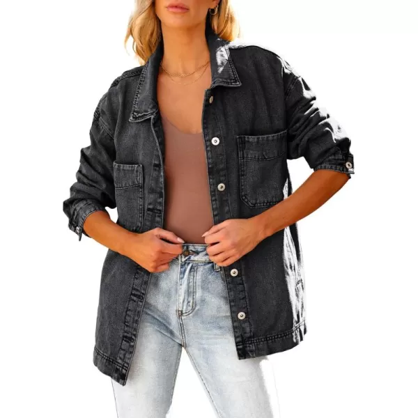 luvamia Denim Jacket for Women Trendy Oversized Button Down Jean Jacket Long Sleeve Slit Hem Shacket Jackets with PocketWashed Black