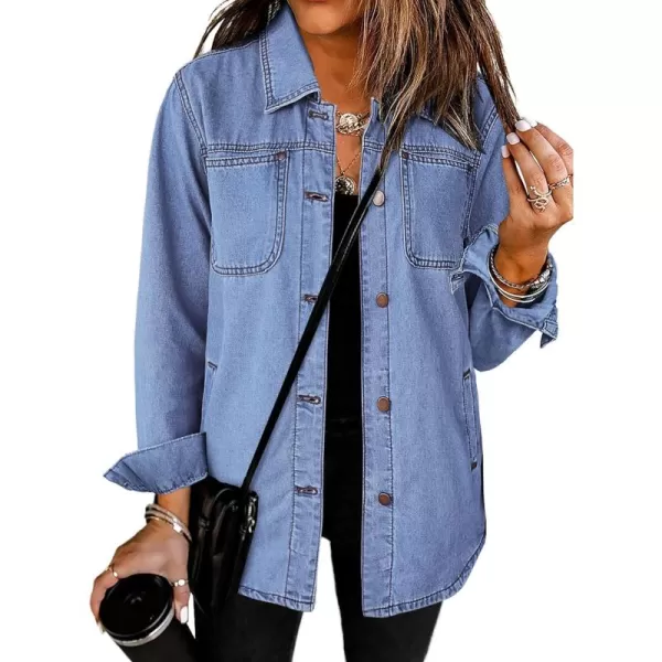 luvamia Denim Jackets for Women Trendy Long Sleeve Button Down Shirt Jacket Jean Shacket with Pocket Western Work JacketTurquoise Blue