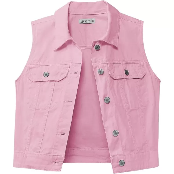 luvamia Denim Vest for Women Sleeveless Cropped Jean Jacket Vests Top Western Outfit Fashion Casual Vests with PocketsCandy Pink