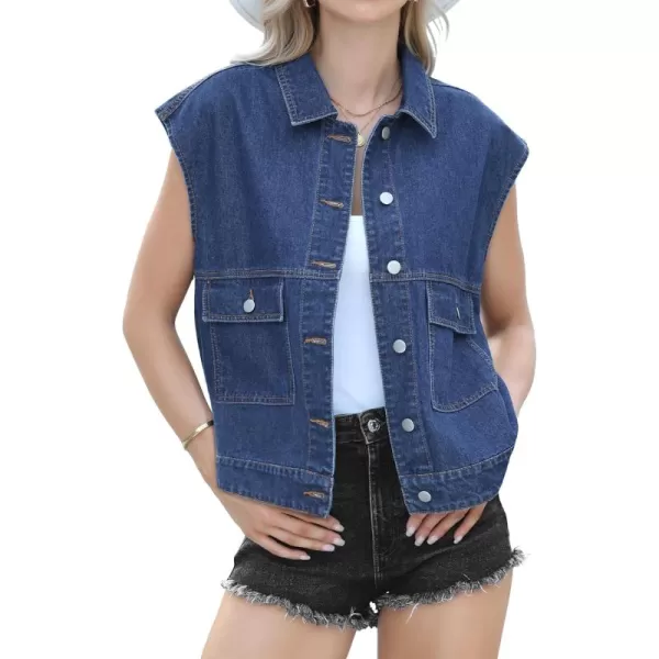 luvamia Denim for Women Oversized Button Down Sleeveless Jean Jacket Fashion Casual Western Outerwear with PocketsClassic Blue