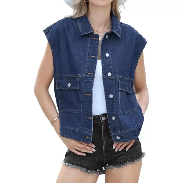 luvamia Denim for Women Oversized Button Down Sleeveless Jean Jacket Fashion Casual Western Outerwear with PocketsDarkness Blue