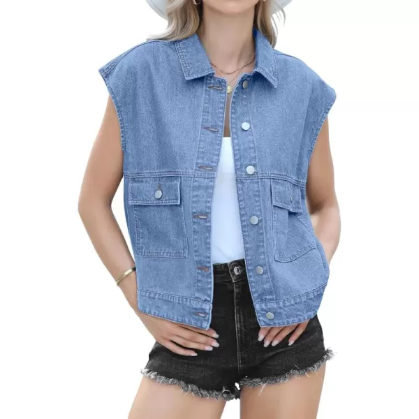 luvamia Denim for Women Oversized Button Down Sleeveless Jean Jacket Fashion Casual Western Outerwear with PocketsMedium Blue