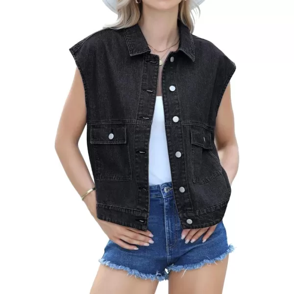 luvamia Denim for Women Oversized Button Down Sleeveless Jean Jacket Fashion Casual Western Outerwear with PocketsWashed Black