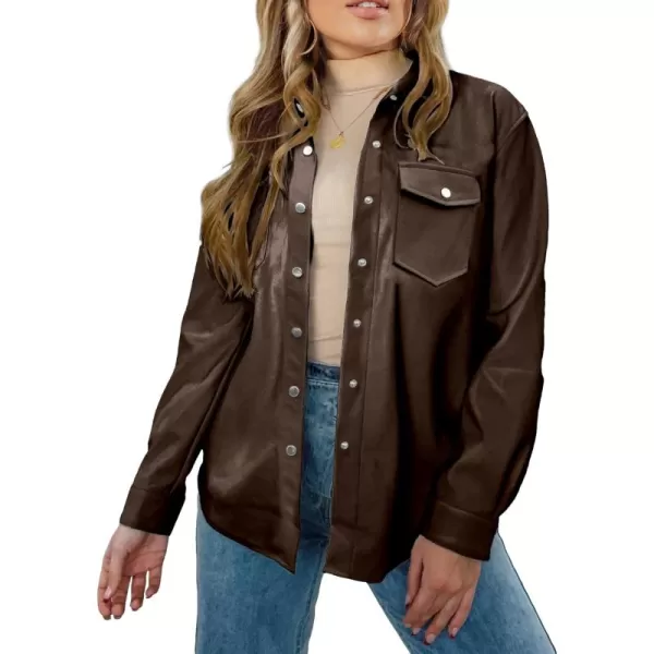 luvamia Faux Leather Jackets for Women Long Sleeve Oversized Shackets with Pocket Belted Pleather Jacket Moto Biker CoatChocolate Brown