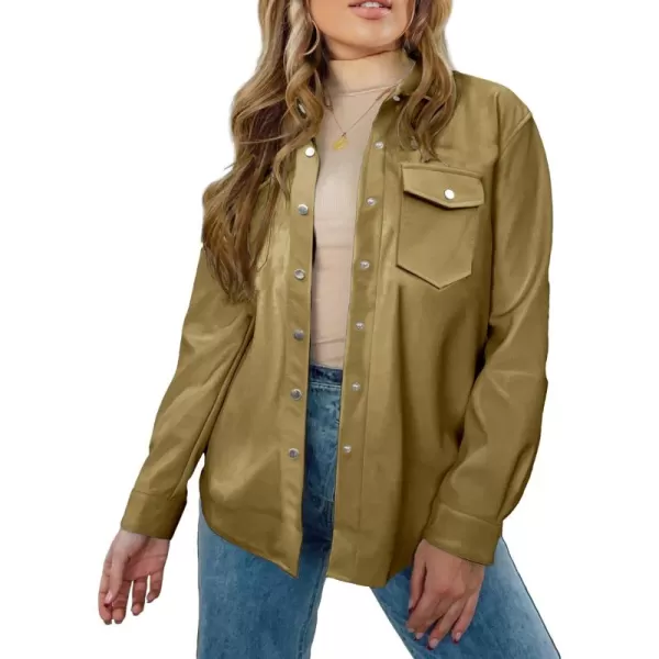 luvamia Faux Leather Jackets for Women Long Sleeve Oversized Shackets with Pocket Belted Pleather Jacket Moto Biker CoatKhaki