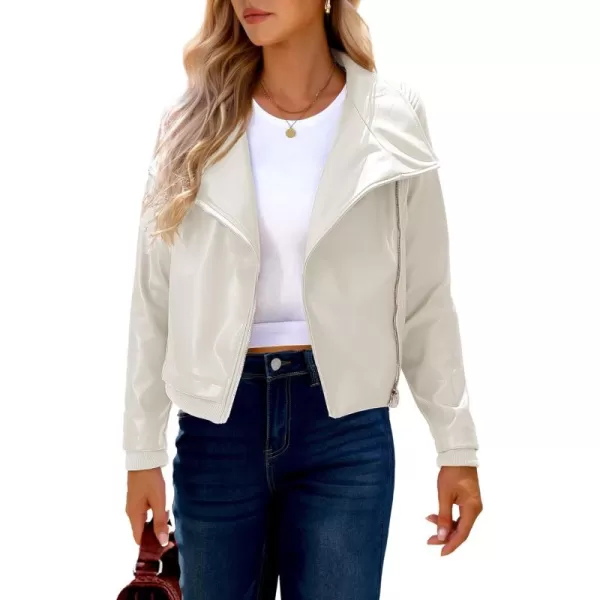 luvamia Faux Leather Jackets for Women Zip Up Lapel Collar Motorcyle Biker Short Jacket PU Leather Blazer Long SleevesBright White