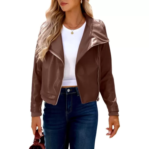 luvamia Faux Leather Jackets for Women Zip Up Lapel Collar Motorcyle Biker Short Jacket PU Leather Blazer Long SleevesCappuccino Brown