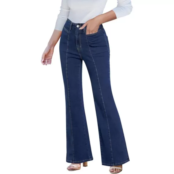 imageluvamia Flare Jeans for Women High Waisted Wide Leg Trendy Seamed Front Stretchy Denim Jean Pants Pockets Trouser JeansBay Blue