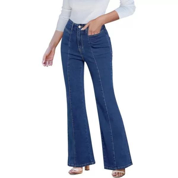 imageluvamia Flare Jeans for Women High Waisted Wide Leg Trendy Seamed Front Stretchy Denim Jean Pants Pockets Trouser JeansDarkness Blue