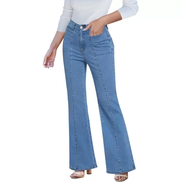 imageluvamia Flare Jeans for Women High Waisted Wide Leg Trendy Seamed Front Stretchy Denim Jean Pants Pockets Trouser JeansMedium Blue